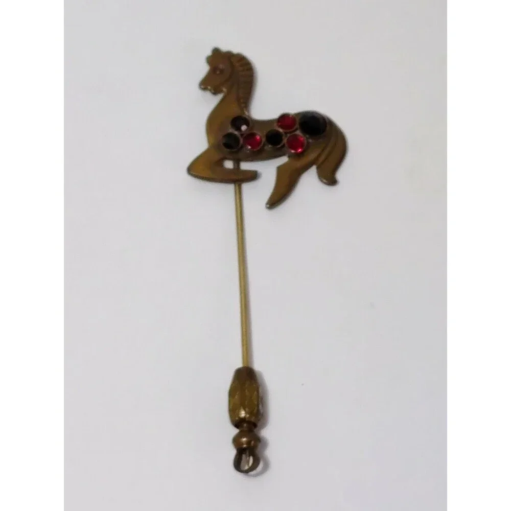 Brass Horse Red And Black Rhinestone Vintage Stick Pin